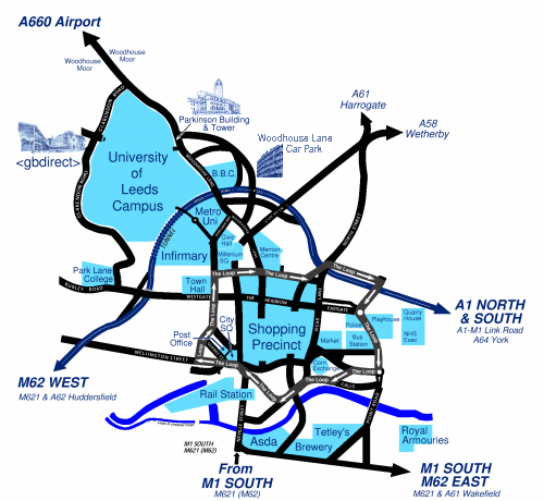 Map of GBdirect Ltd's Leeds office and surrounding areas in Yorkshire, including routes from Sheffield, Nottingham, Derby, Leicester, Birmingham, Coventry, London, Cardiff, Bristol, Liverpool, Manchester, Glasgow, York, Hull, Lincoln, Durham, Newcastle, Edinburgh, Scotland, Doncaster, Newark, Grantham, Peterborough, Cambridge, London